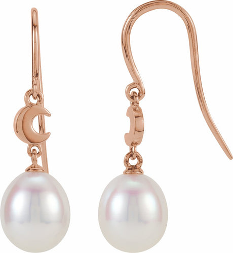 14K Rose Cultured White Freshwater Pearl Crescent Moon Earrings