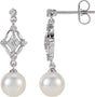 14K White Gold Cultured White Freshwater Pearl & 1/6 CTW Natural Diamond Earrings