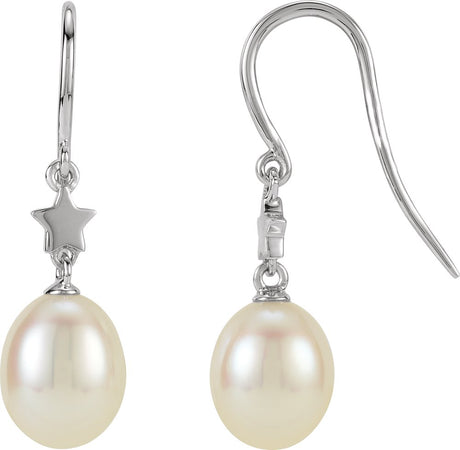 14K White Gold Cultured White Freshwater Pearl Star Earrings