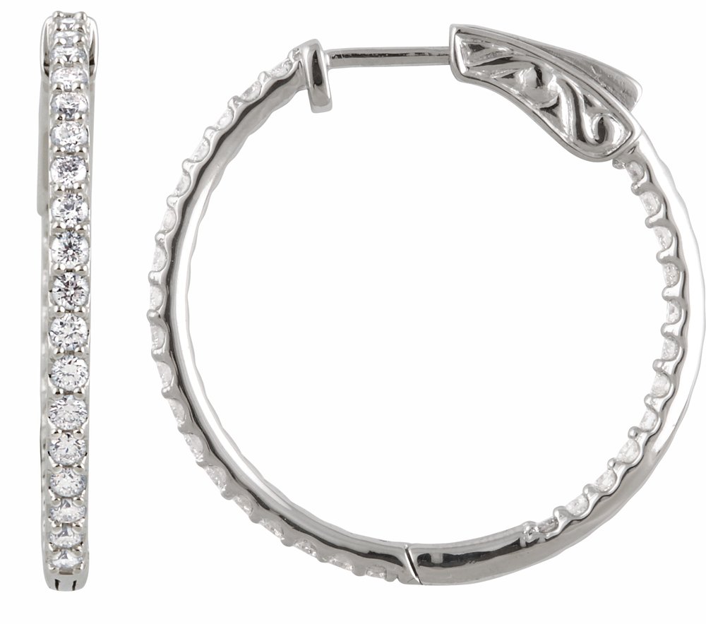 14K White Gold 1 CTW Natural Diamond Inside-Outside 26.5 mm Hinged Hoop Earrings