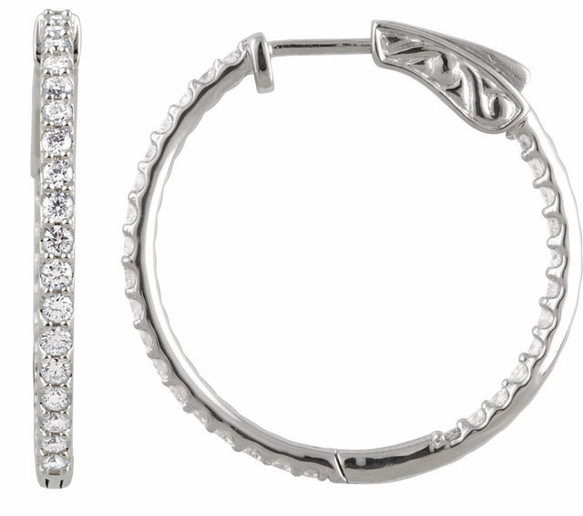 14K White Gold 1 CTW Natural Diamond Inside-Outside 26.5 mm Hinged Hoop Earrings