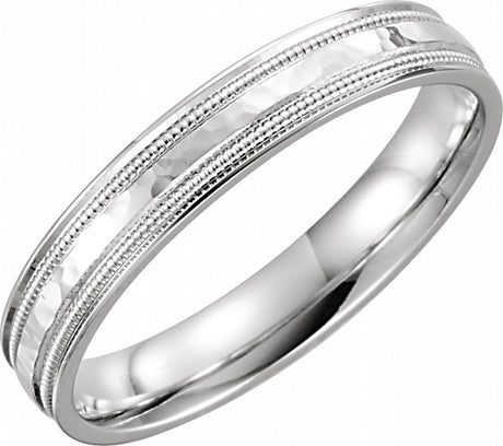 14K White 4 mm Flat Comfort-Fit Band with Milgrain & Hammer Finish Size 9.5