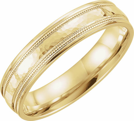 14K Yellow 5 mm Flat Comfort-Fit Band with Milgrain & Hammer Finish Size 9