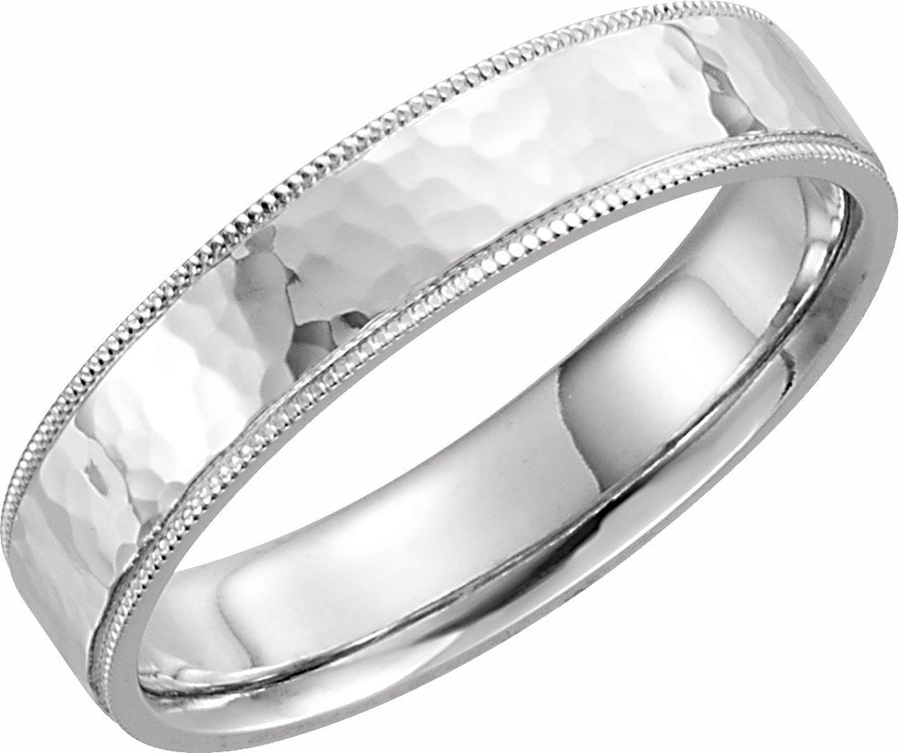14K White 5 mm Flat Hammered Milgrain Edge Comfort-Fit Band Size 9