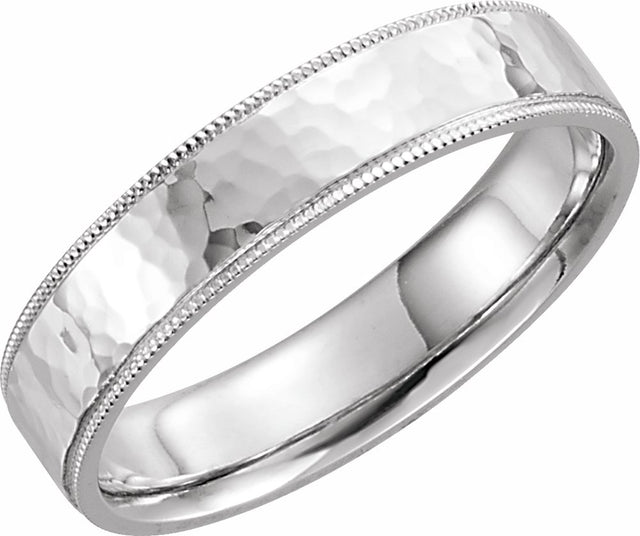 14K White 5 mm Flat Hammered Milgrain Edge Comfort-Fit Band Size 9