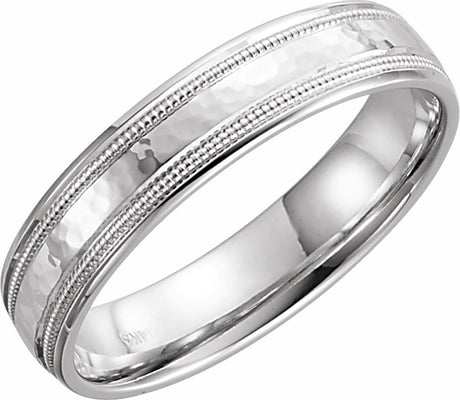 14K White 5 mm Flat Comfort-Fit Band with Milgrain & Hammer Finish Size 9