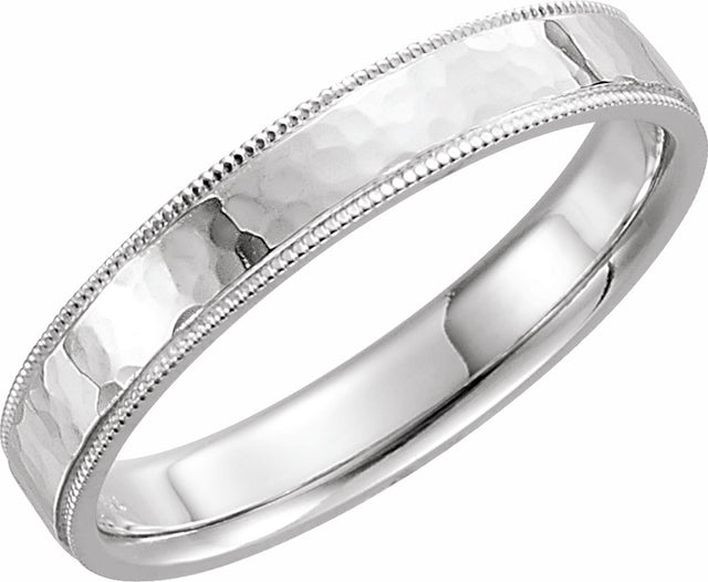 14K White 4 mm Flat Hammered Milgrain Edge Comfort-Fit Band Size 6