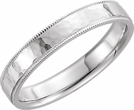 14K White 4 mm Milgrain Edge Comfort-Fit Flat Band Size Hammer