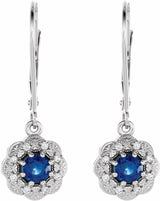 14K White Natural Blue Sapphire & 1/10 CTW Natural Diamond Halo-Style Earrings