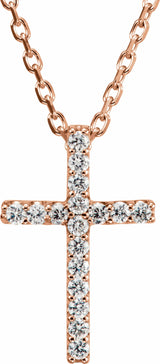 14K Rose .06 CTW Natural Diamond Petite Cross 16" Necklace