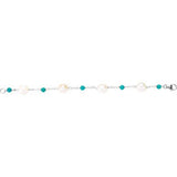 Sterling Silver Cultured White Freshwater Pearl & Natural Turquoise Station 7 1/2" Bracelet