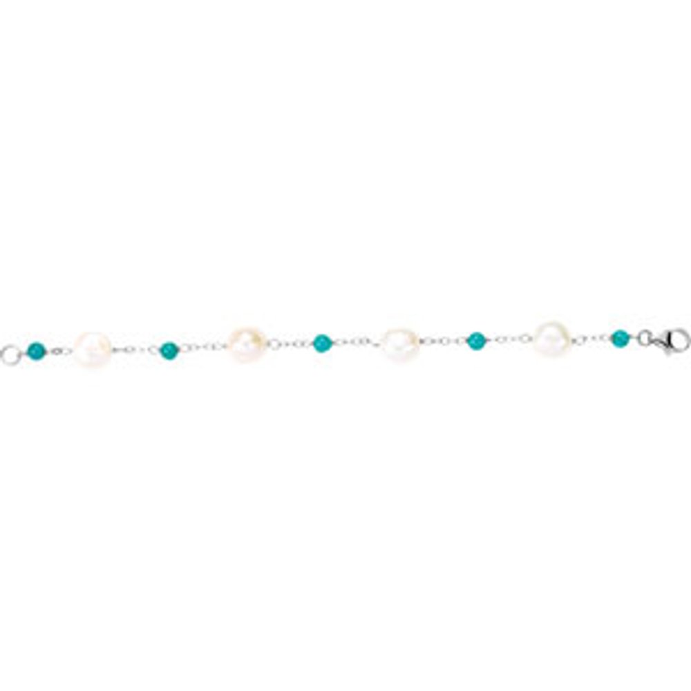 Sterling Silver Cultured White Freshwater Pearl & Natural Turquoise Station 7 1/2" Bracelet