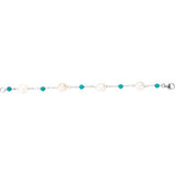 Sterling Silver Cultured White Freshwater Pearl & Natural Turquoise Station 7 1/2" Bracelet