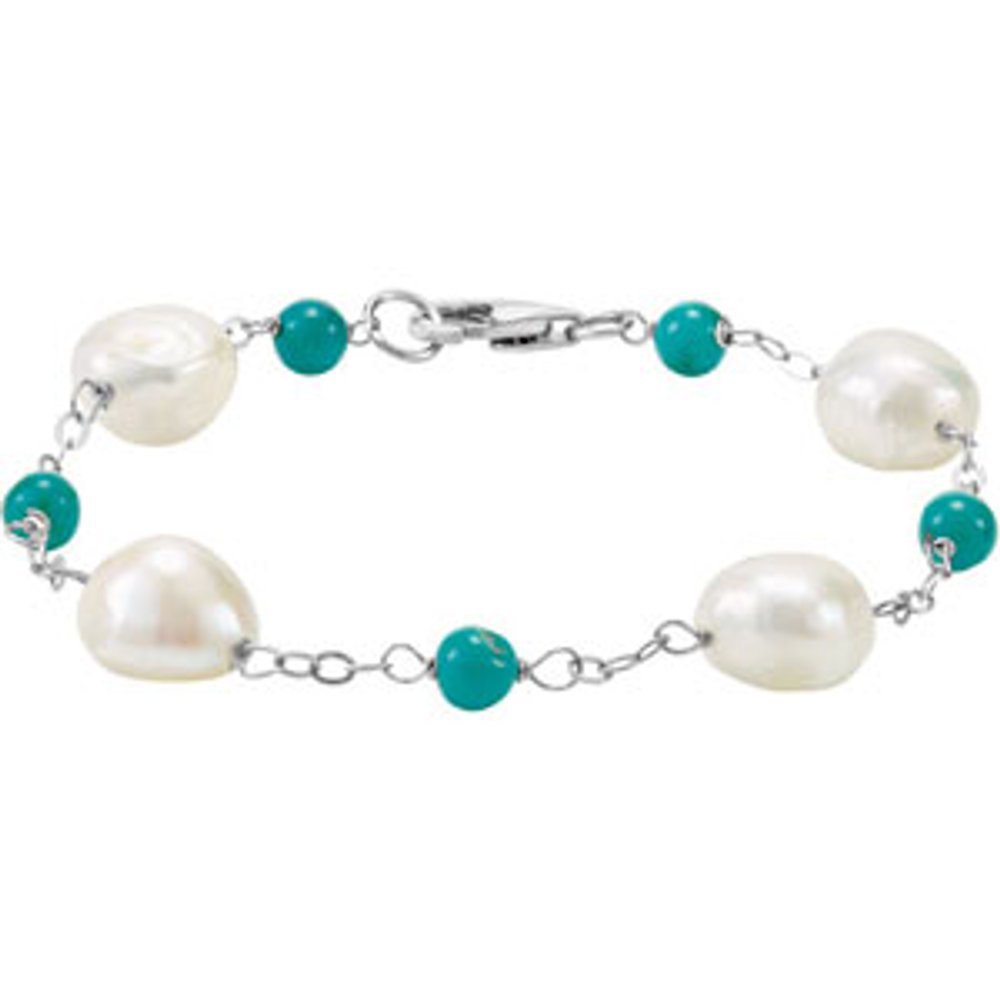 Sterling Silver Cultured White Freshwater Pearl & Natural Turquoise Station 7 1/2" Bracelet