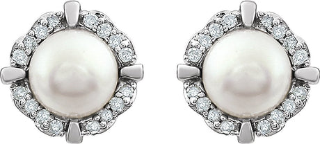 14K White Cultured White Freshwater Pearl & 1/10 CTW Natural Diamond Earrings