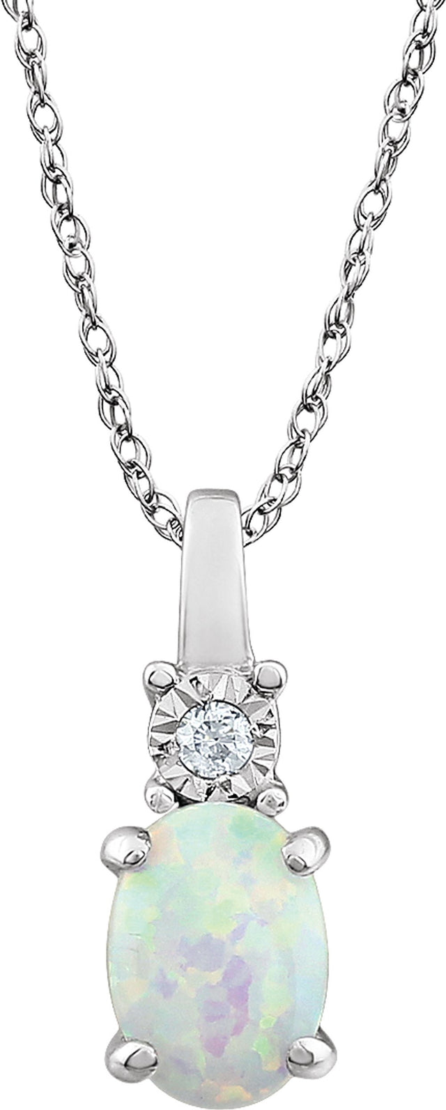 14K White Lab-Grown White Opal & .02 CT Natural Diamond 18" Necklace