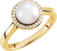 14K Yellow Cultured White Freshwater Pearl & .06 CTW Natural Diamond Halo-Style Ring