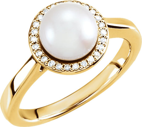 14K Yellow Cultured White Freshwater Pearl & .06 CTW Natural Diamond Halo-Style Ring