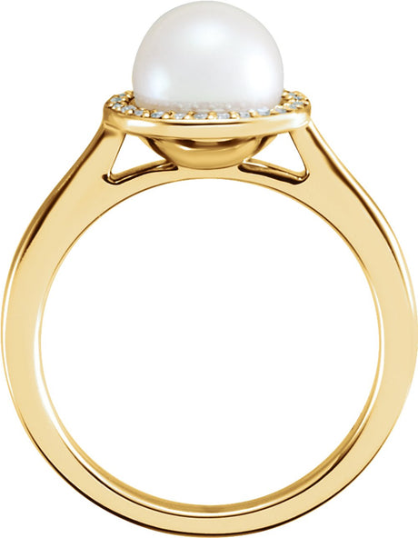 14K Yellow Cultured White Freshwater Pearl & .06 CTW Natural Diamond Halo-Style Ring