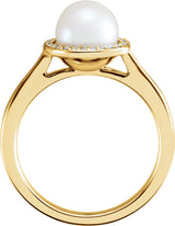 14K Yellow Cultured White Freshwater Pearl & .06 CTW Natural Diamond Halo-Style Ring