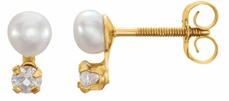 14K Yellow Gold Cultured White Freshwater Pearl & Imitation White Cubic Zirconia Earrings