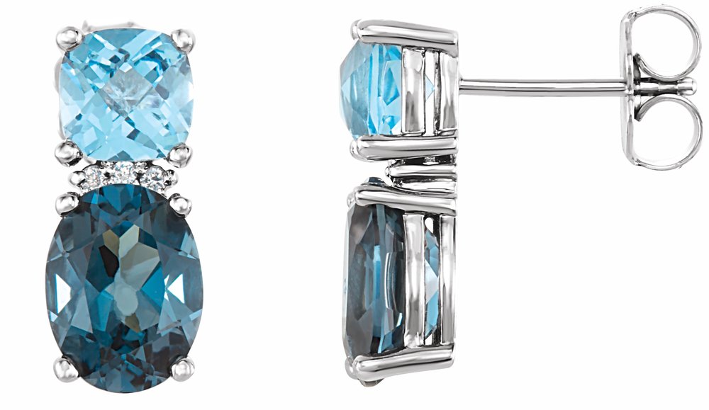 14K White Natural London Blue Topaz, Natural Swiss Blue Topaz & .03 CTW Natural Diamond Earrings