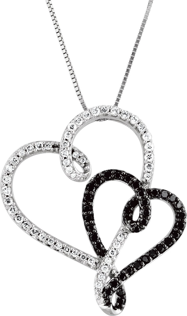 14K White & Black Rhodium-Plated 1/2 CTW Black & White Natural Diamond Double Heart 18" Necklace