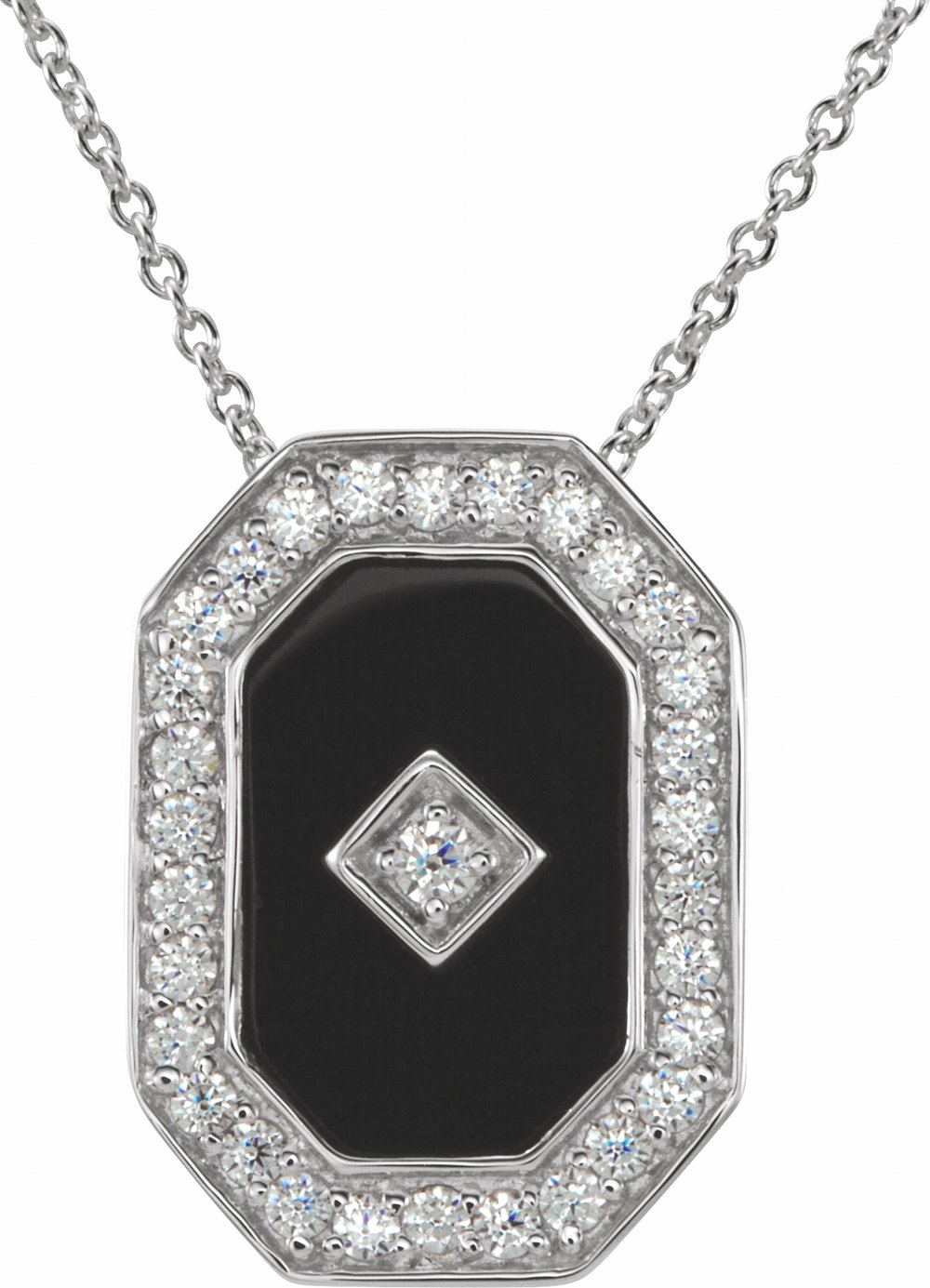 Sterling Silver Natural Black Onyx & Imitation White Cubic Zirconia Halo-Style 18" Necklace