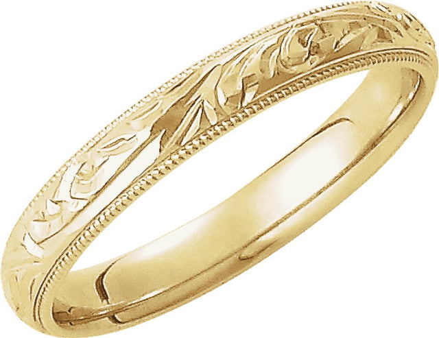 14K Yellow Gold 3 mm Hand-Engraved Milgrain Sculptural Comfort-Fit Half-Round Band Size 5