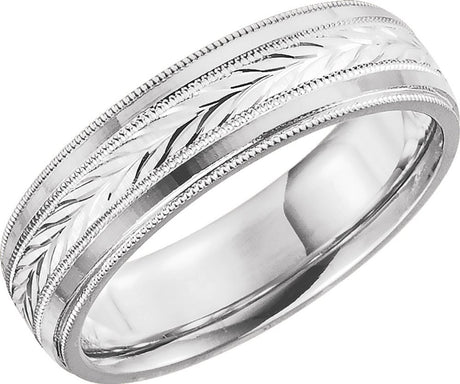 10K White Gold 6 mm Milgrain Wheat Pattern Comfort-Fit Half Round Band Size 10