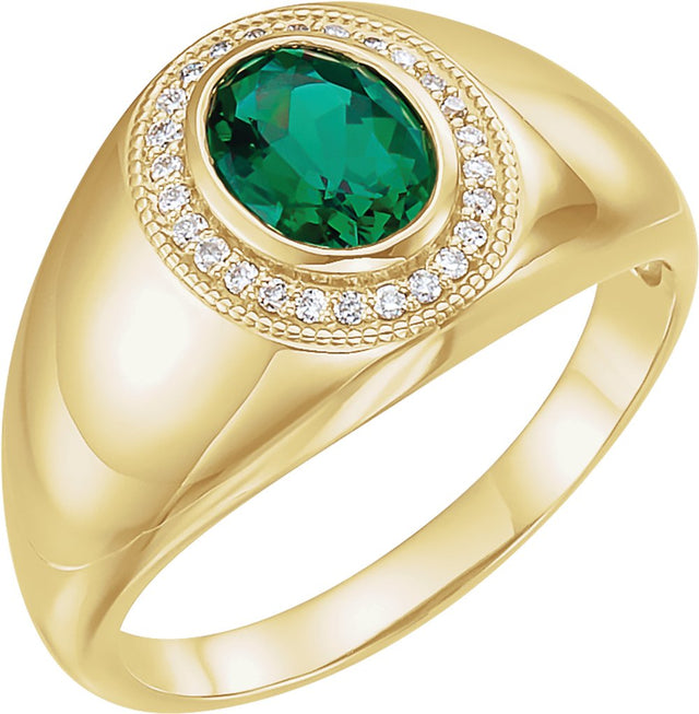 14K Yellow Lab-Grown Emerald & 1/8 CTW Natural Diamond Halo-Style Ring