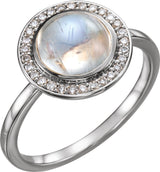 14K White Natural Rainbow Moonstone & 1/8 CTW Natural Diamond Halo-Style Ring