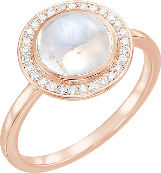 14K Rose Natural Rainbow Moonstone & 1/8 CTW Natural Diamond Halo-Style Ring