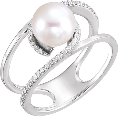 14K White Gold Cultured White Freshwater Pearl & 1/8 CTW Natural Diamond Ring