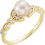 14K Yellow Gold Cultured White Freshwater Pearl & 1/10 CTW Natural Diamond Leaf Ring