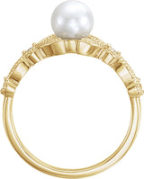 14K Yellow Gold Cultured White Freshwater Pearl & 1/10 CTW Natural Diamond Leaf Ring