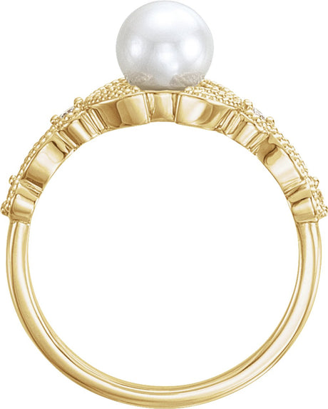 14K Yellow Gold Cultured White Freshwater Pearl & 1/10 CTW Natural Diamond Leaf Ring
