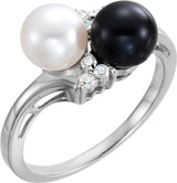 14K White Gold Cultured Black & White Akoya Pearl & 1/10 CTW Natural Diamond Ring