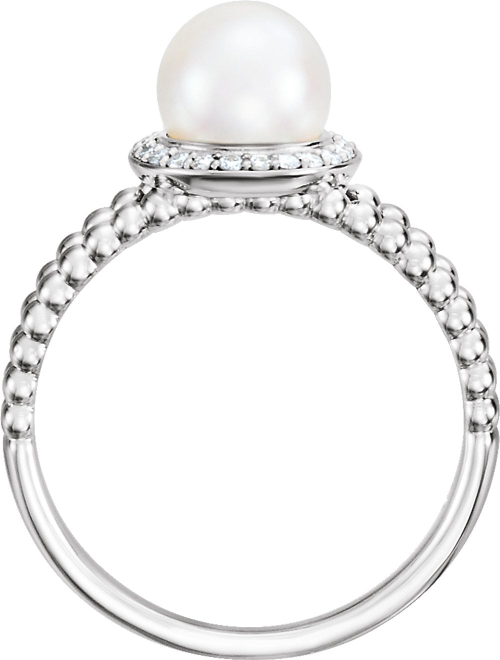 14K White Cultured White Freshwater Pearl & .08 CTW Natural Diamond Halo-Style Beaded Ring