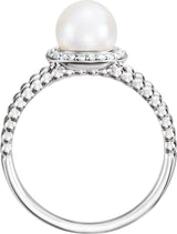 14K White Cultured White Freshwater Pearl & .08 CTW Natural Diamond Halo-Style Beaded Ring