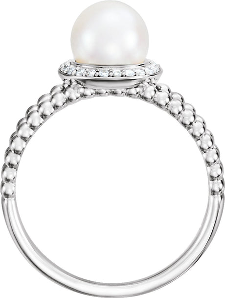 14K White Cultured White Freshwater Pearl & .08 CTW Natural Diamond Halo-Style Beaded Ring