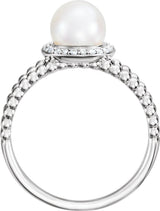 14K White Gold Cultured White Freshwater Pearl & .08 CTW Natural Diamond Halo-Style Beaded Ring