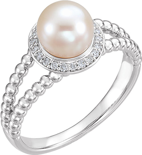 14K White Gold Cultured White Freshwater Pearl & .08 CTW Natural Diamond Halo-Style Beaded Ring