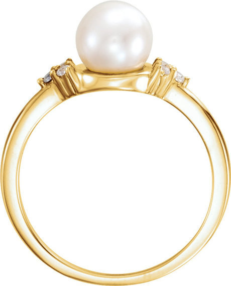 14K Yellow 7.5-8 mm Cultured Freshwater White Pearl & 1/10 CTW Natural Diamond Ring