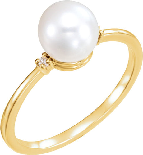 14K Yellow Gold Cultured White Freshwater Pearl & .02 CTW Natural Diamond Ring