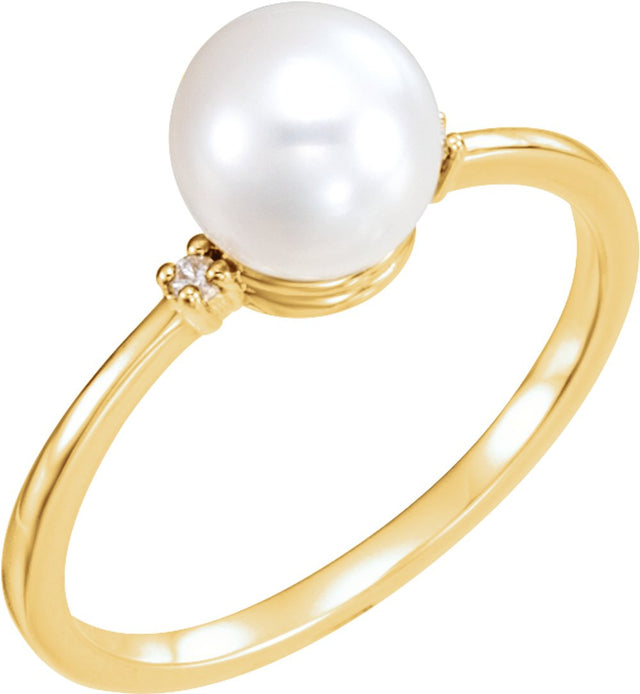 14K Yellow Gold Cultured White Freshwater Pearl & .02 CTW Natural Diamond Ring