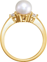 14K Yellow Cultured White Akoya Pearl & 1/6 CTW Natural Diamond Ring