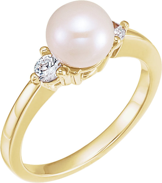 14K Yellow Cultured White Akoya Pearl & 1/6 CTW Natural Diamond Ring