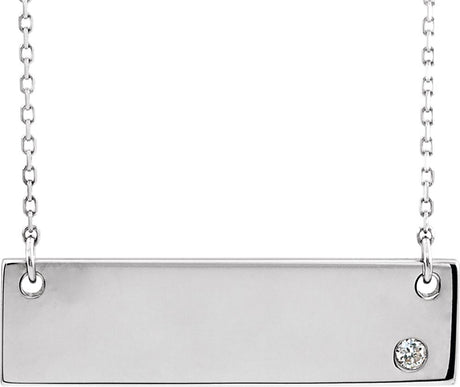14K White Gold .03 CT Natural Diamond Engravable Bar 17" Necklace 