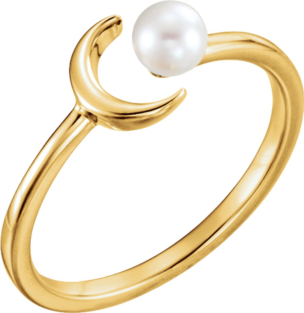 14K Yellow Cultured White Freshwater Pearl Crescent Moon Ring 